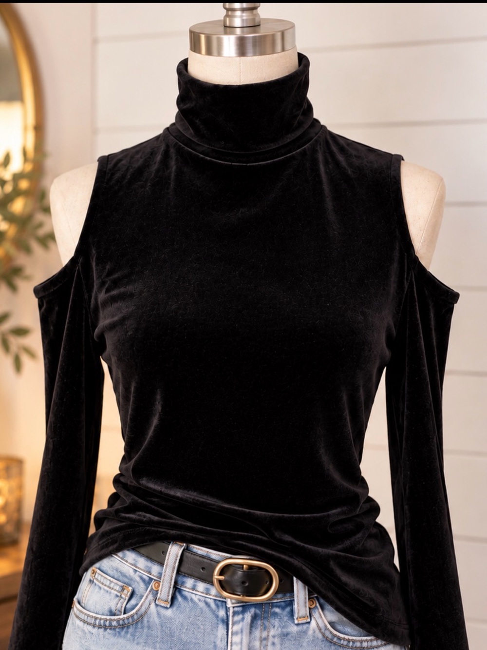 Zara Black Velvet Cold Shoulder Turtleneck Top Gothic Y2K Size S